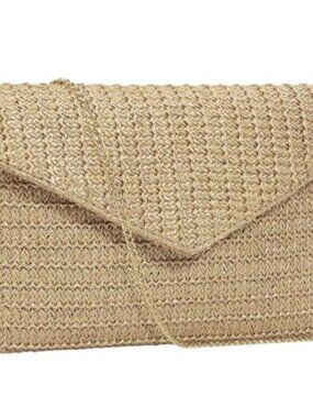 Woven Straw Clutch Purse for Women, Envelope Evening Handbag with Chain,